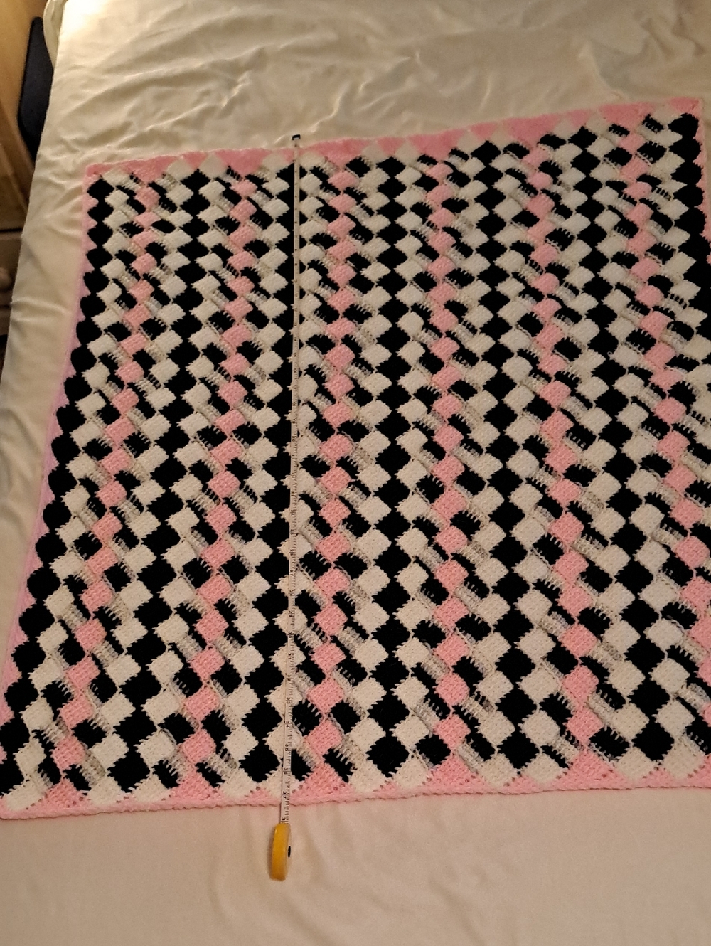 Handmade Tunisian Entrelac Crochet Stroller Blanket in Pink, Black & White
